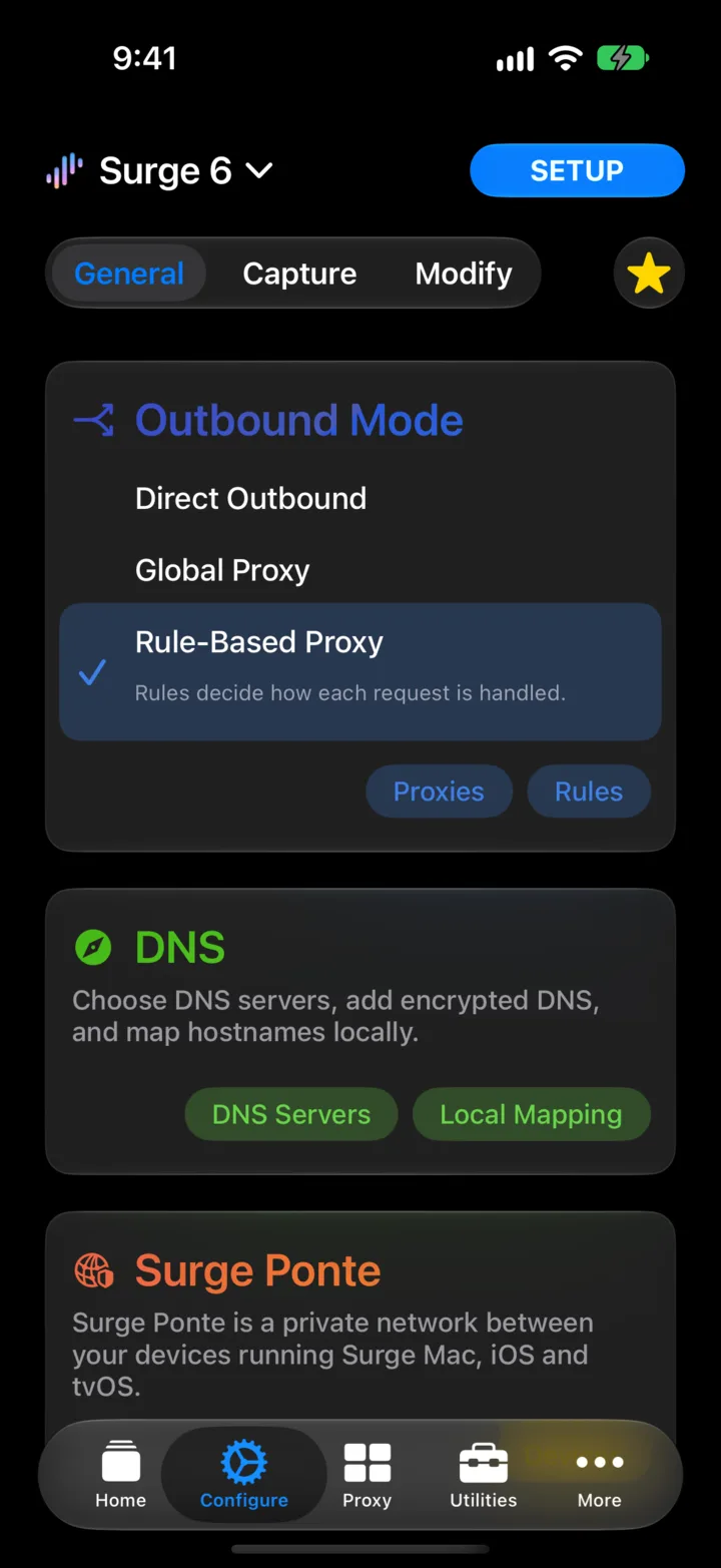 The Configure screen in Dark Mode