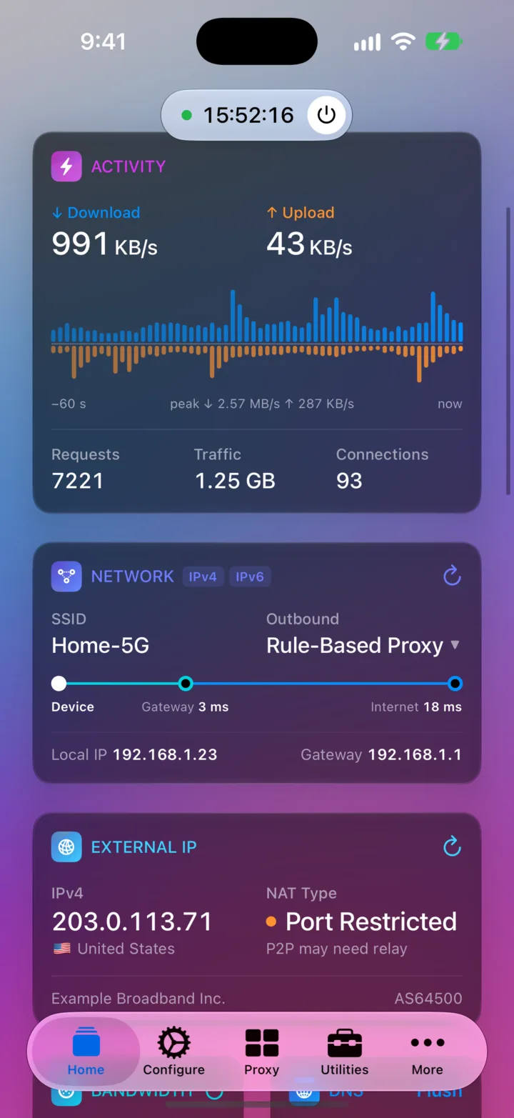 Activity, Network, and External IP cards