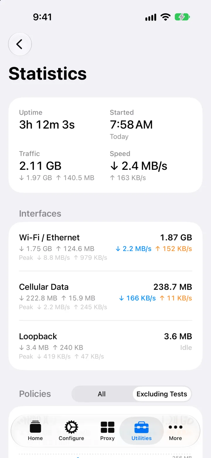 Real-Time Statistics, with uptime, total traffic, speed, and traffic per interface